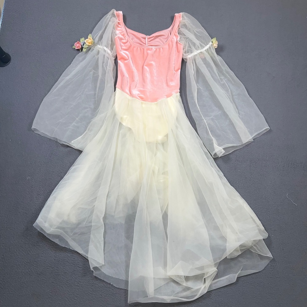 Curtain Call Costume Girls Pink Velvet Sheer Bell Sleeve Floral Dance Leotard